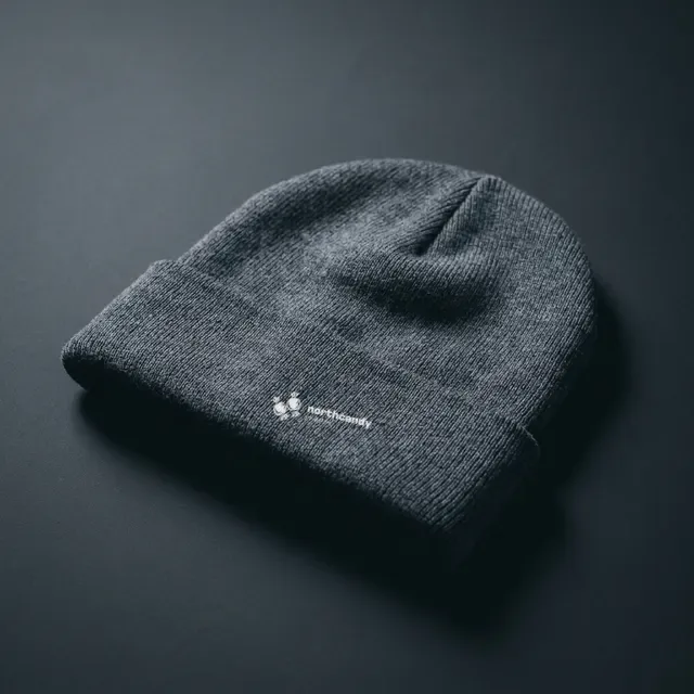 north beanie — ribbed knit, woven label. placeholder product shot